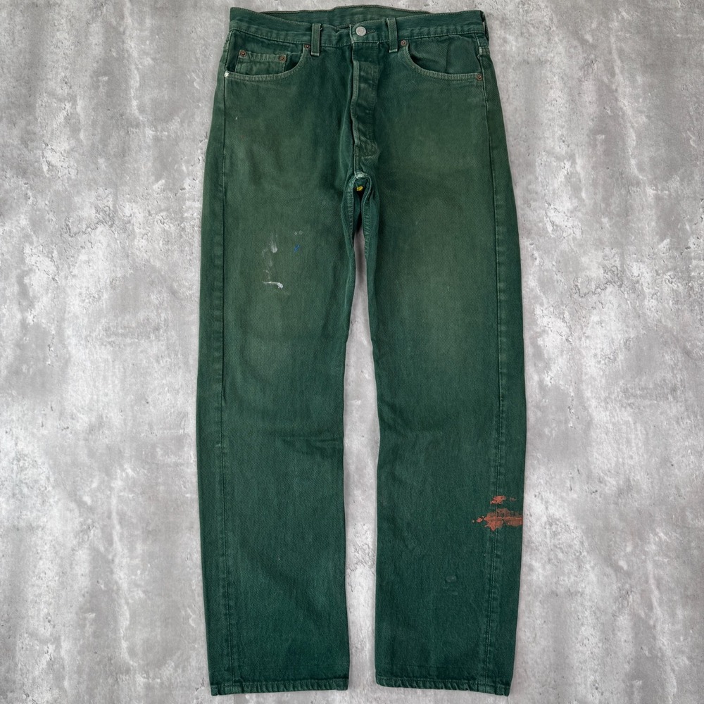 Vintage Levis 501 Jeans Mens 34x32 Green Paint Distressed Button Fly USA 90s